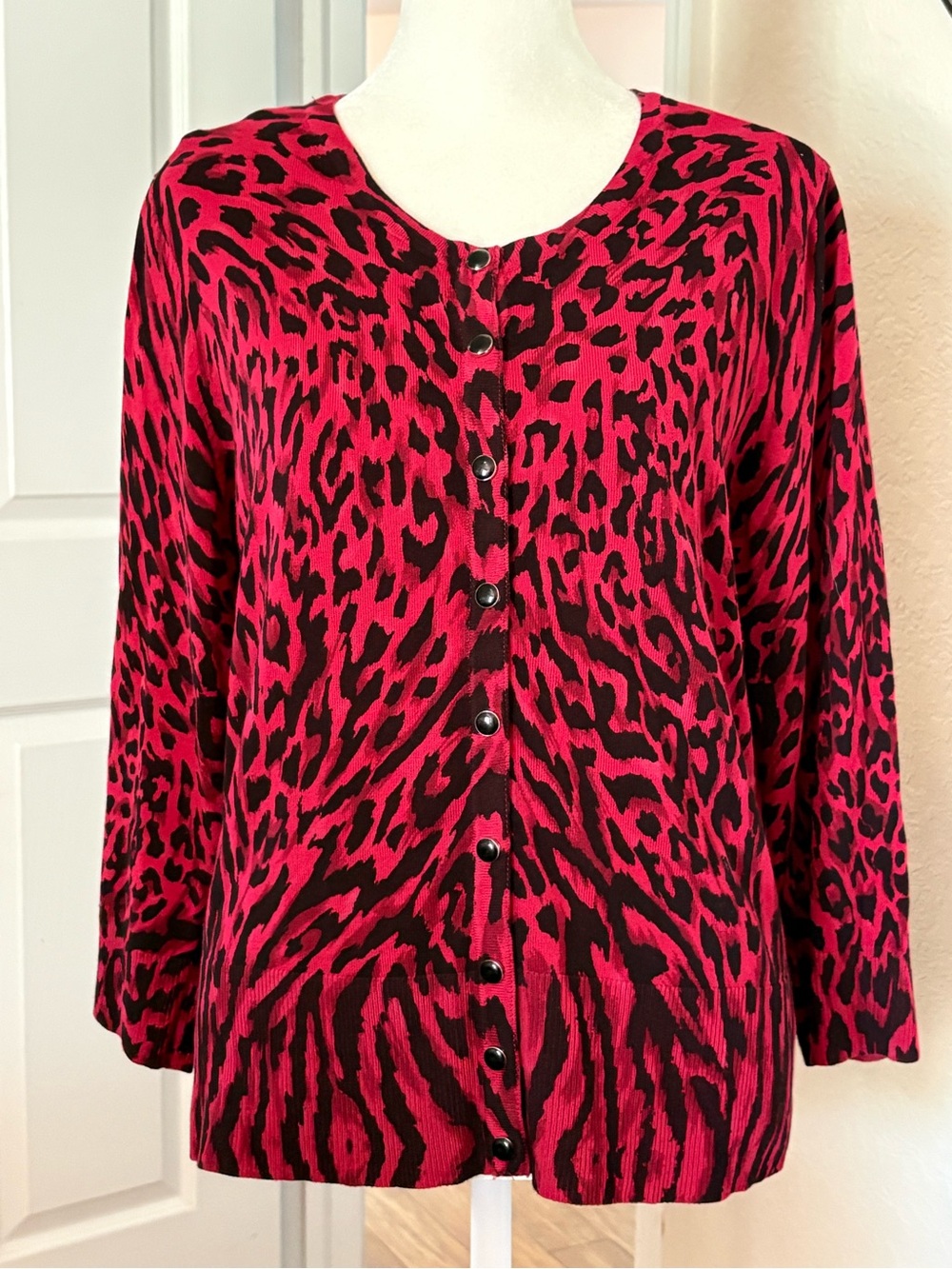 White House Black Market Black and Red Animal-Print Button Front Top